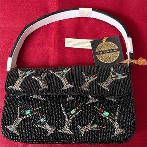 T.J.Maxx Black Beaded Bag with Green and Red Accents